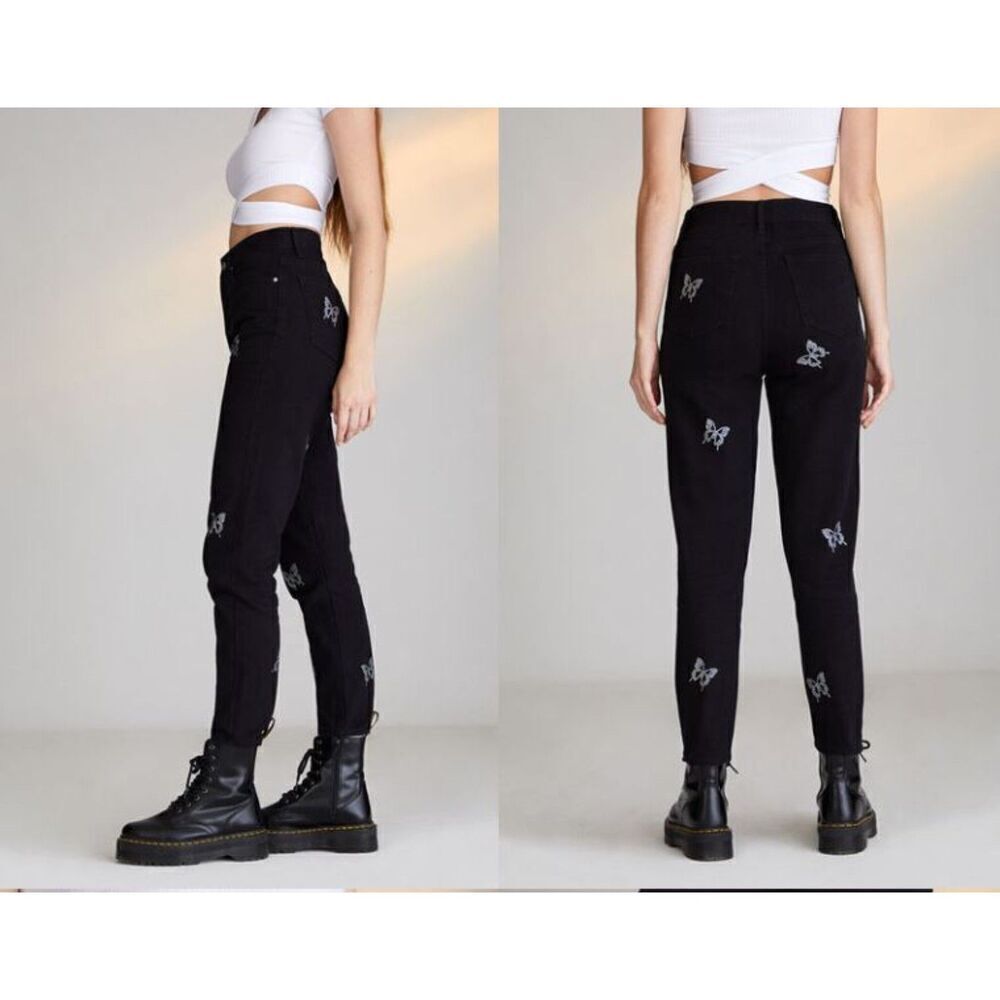 PacSun Ultra Hi Rise Slim Women's Black Jeans Silver Butterflies Size 24